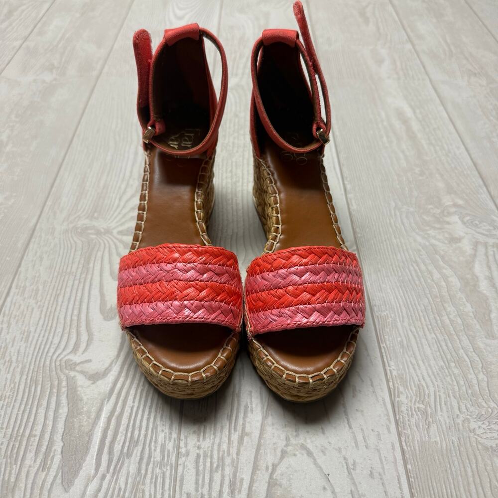 Franco Sarto Coral Pink Raffia Espadrille Wedge Sandals Ankle Strap Women’s